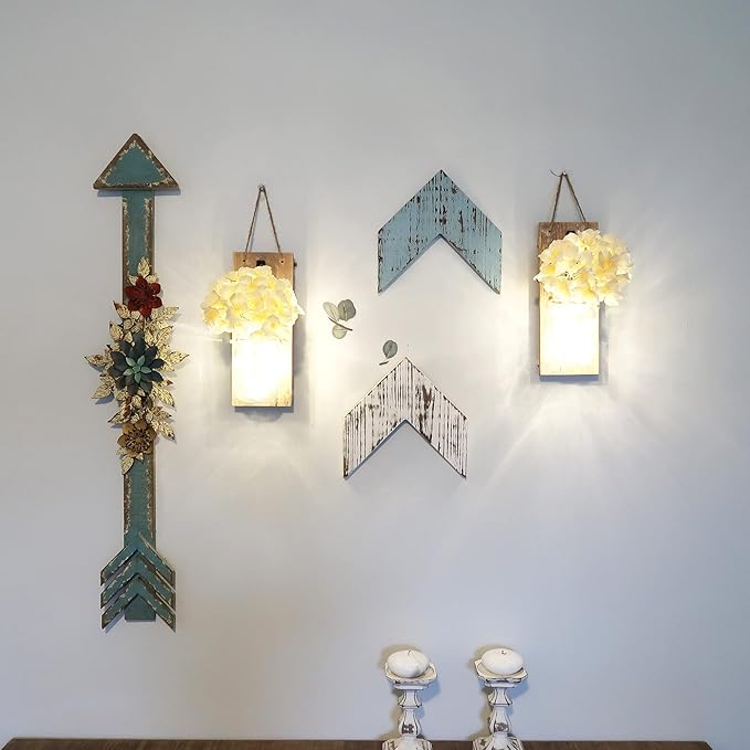 Besuerte Mason Jar Wall Sconces Set of Two, Wall Deco Cute Wall Decor with LED Fairy Lights, Art for Living Room Modern Decorations, House Decor, Rustic Brown