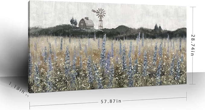 Large Canvas Wall Art for Living Room Rustic Countryside Scenery Vintage Farmhouse Print Painting Nature Wilderness Landscape Wildflower Field Meadow Picture Classical Framed Artwork 30x60inch
