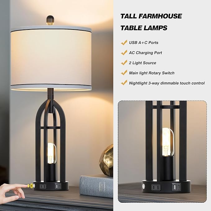 27" Tall Vintage Table Lamp with USB C+A & Outlet,Black Industrial End Table Lamp for Living Room,Farmhouse Rustic Bedside Lamps with Night Light for Bedroom Nightstand,Black（2 LED Bulbs Included）
