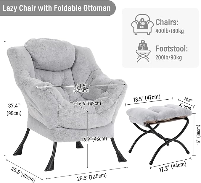 Lazy Chair with Ottoman, Modern Reading Chair with Folding Footrest, Comfortable Lounge Accent Chair for Bedroom, Study, Living Room, Courtyard (Plush Grey)