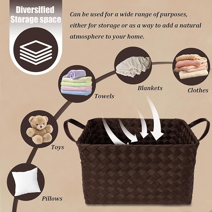 Handwoven Clothes Basket Laundry Hampers Large Wicker Storage Baskets for Shelves Blankets Closet Storage Bins Car Bedroom Bathroom Organizers and Storage Bath (Pack of 4, Espresso color)
