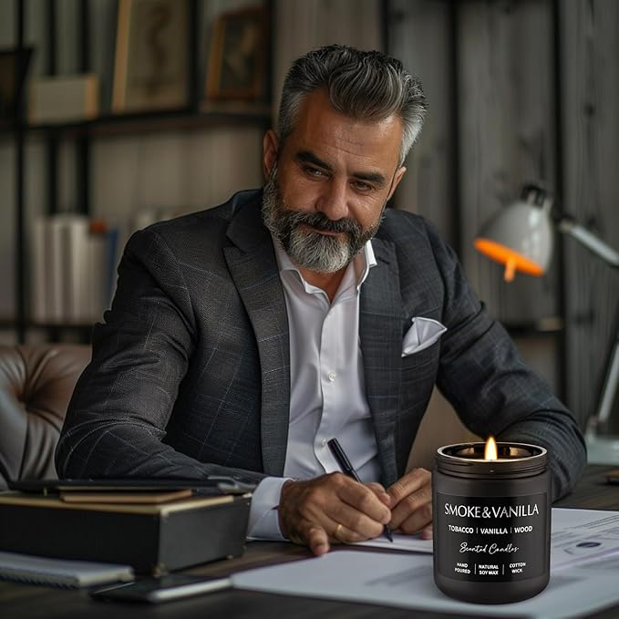 Scented Candles Gift Set - 4 Pack (7oz Each) Soy Wax Aromatherapy Candles with Essential Oils, Smokeless - Leather & Smoke, Vanilla Oakmoss, Lavender for Office, Gifts