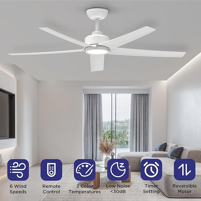 ocioc 2 Pack 52 inch Ceiling Fans with Lights and Remote Control, Ultra Quiet DC Motor, 3 Color Temperatures Modern Ceiling Fan for Bedroom Patio Indoor Covered Outdoor White