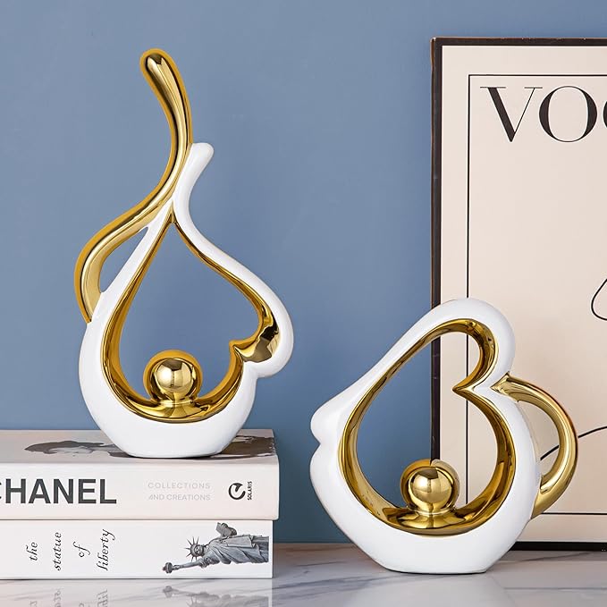 Gold Sculpture Home Decor, Modern Ceramic Statue, White Sculpture Heart Shape, Entry Table Decor, Living Room Table Centerpiece Ornament, Abstract Art Sculptures Home Decor