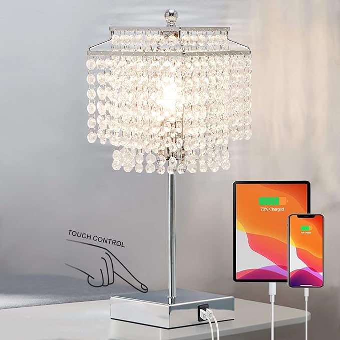 Luvkczc Crystal Table Lamp with Touch Control and USB for Bedside, 3-Way Dimmable with Crystal Shade for Bedroom, Living Room, 6W LED Bulb Included