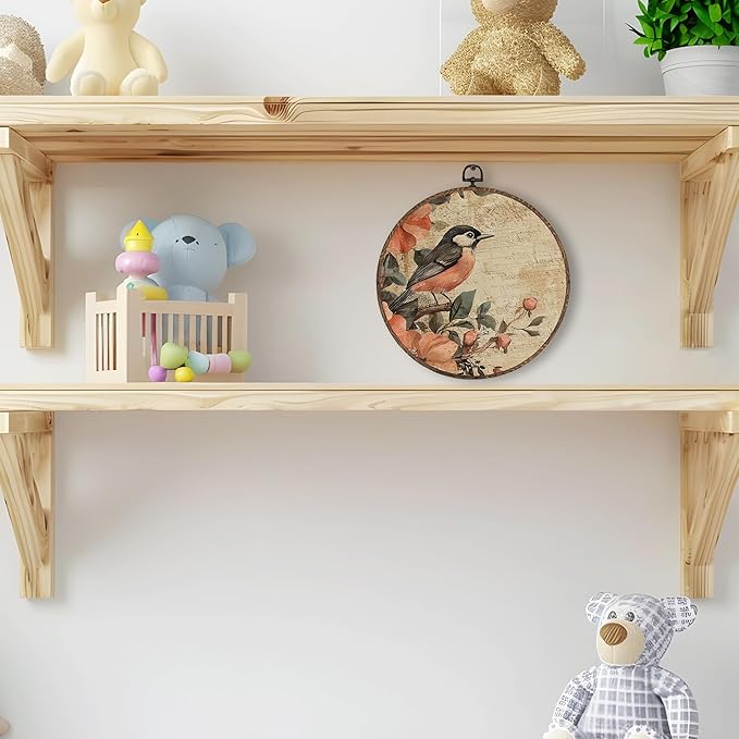 Tzhim Vintage Floral Sparrow Bird Round Wall Art, Rustic Pink Rose Bird Round Wall Decor Framed, Cottagecore Farmhouse Canvas Walls Sculptures for Home Room Decor, 10x10 Inch