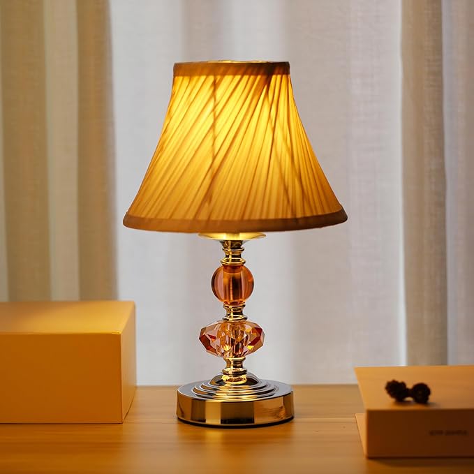 Small Modern Crystal Bedside Table Lamp, 7 x 7 x 12 Inch Electroplaetd Silver Base Table Lamp for Bedrooms and Office (Pink Pleated Bell Shape Shade)