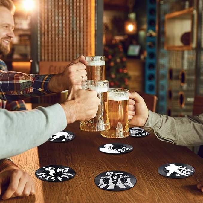 Valdivia Retro Vinyl Record Coasters with Player, 6 Pcs Music Coasters for Drinks, Bars, Cool Apartment Decor and Funny Housewarming Gifts New Home Presents for Music Lovers, Birthday Gifts for Men