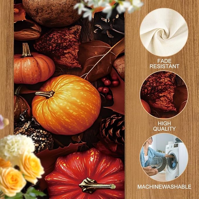 ANNA QUEEN Pumpkin Maple Leaf Fall Table Runner 13 x 72 Inch for Dining Table, Table Runner for Seasonal Autumn Kitchen Dining Table Decoration for Home Party Decor