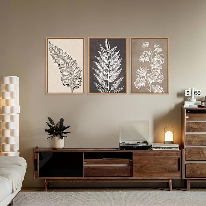 HOURIA Beige Brown Botanical Leaf Framed Canvas Wall Art Set,Modern Natural Leaves Wall Decor,Vintage Minimalist Floral Artwork,Black and White Plant Art Print for Living Room,Bedroom,Office-16"x24"x3