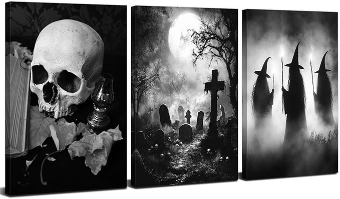 Halloween Wall Art Skull Wall Decor Creepy Witches Tomb Pictures Canvas Prints for Bedroom Living Room Decorations Vintage Gothic Wall Decor Dark Academia Paintings Spooky Posters Artwork 12x16” 3Pcs