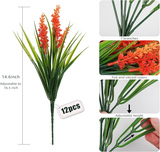 Faux Fall Flowers for Outside,Artificial Plants Outdoor, UV Resistant Faux Monkey Grass Greenery Stems Faux Plastic Flowers Shrubs for Home Weddings Garden Porch Front Patio Office Decor(Orange)