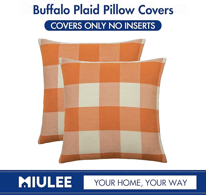 MIULEE Pack of 2 Fall Throw Pillow Covers Classic Farmhouse Buffalo Check Plaids Linen Soft Solid Orange and White Decorative Outdoor Cushion Case for Sofa Bedroom 26 x 26 Inch