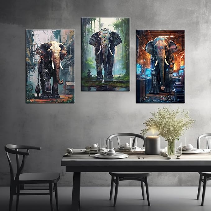 Abstract Animal Canvas Wall Art 3 Pieces Posters Print Cyberpunk Style Giant Machine Elephants Picture Painting Artwork for Modern Home Living Room Bedroom Office Stretched and Framed [48''W X 24''H]