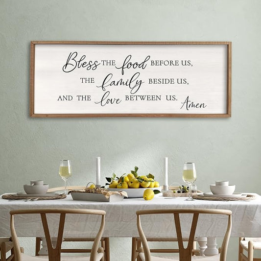 Surfapans Bless the Food Before Us Wall Decor, 40"X15" Farmhouse Dining Room Family Kitchen Sign, Christian Bible Verse Scripture Vintage Home Framed Wood Wall Art(Wood White)