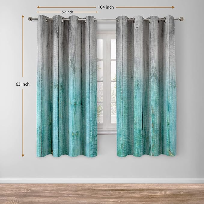 Jekeno Wooden Blackout Curtains Blue Gradient Wood Board of Farmhouse Village Rural Lodge Nature Retro Decor for Home Bedroom Living Room Grommet Window Drapes 2 Panel Set, 52"x63"