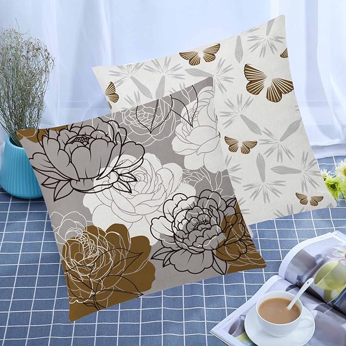 COMMINY Brown Grey Pillow Covers 16x16 Set of 6 Decorative Daisy Flower Throw Pillow Cover for Couch Modern Farmhouse Cushion Cover for Sofa Outdoor Patio Bed Living Room Home Decor