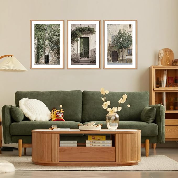 HOURIA Large Vintage Italy City Landscape Framed Canvas Wall Art Set,Green Olive Tree Old House Wall Decor,Malta Modern Minimalist Country Farmhouse Art Print for Living Room,Bedroom,Office- 24"x36"x3