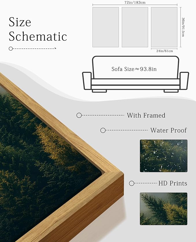 KUVIOKE Green Fog Pine Tree Landscape Framed Wall Art Nature Nordic Misty Forests Prints Morden Farmhouse Bedroom Living Room Ready to Hang 24x36in (Natural Framed)