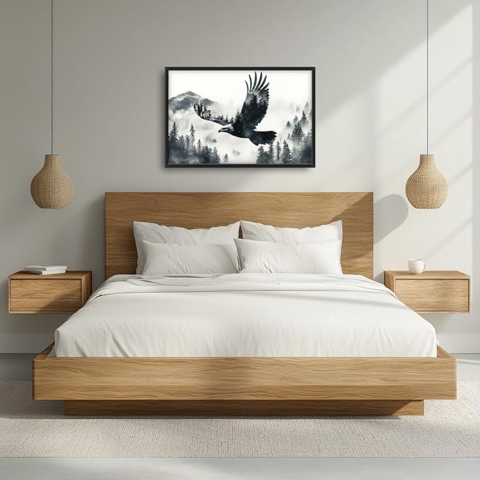 Framed Large Wall Art for Living Room, Flying Bald Eagle Canvas Wall Decor, Large Mountain Forest Pictures Framed Painting, Natural Landscape Artwork for Bedroom Office Home Decor 36L'' × 24W''