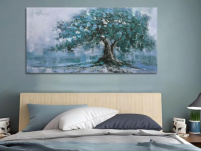 Ardemy Extra Large Tree Canvas Wall Art for Living Room Teal Tree of Life Landscape Bedroom Picture Painting Artwork Framed Home Office Dining Room Kitchen Wall Decor, 58"x29"