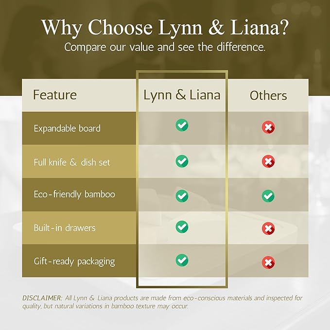 Lynn & Liana Luxury Charcuterie Board with 4-Piece Cheese Knife Set, Corkscrew & Bottle Opener Gift Set, Expandable Bamboo Cheese Board, Wedding Gift, Housewarming, Birthday, Bridal Shower