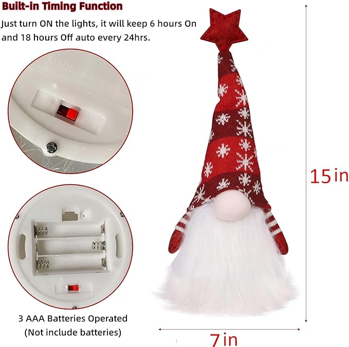 Juegoal 15" Lighted Christmas Gnome, Handmade Plush Scandinavian Swedish Tomte, Light Up Elf Toy Holiday Present, Battery Operated Winter Tabletop Christmas Decorations, 2 Set