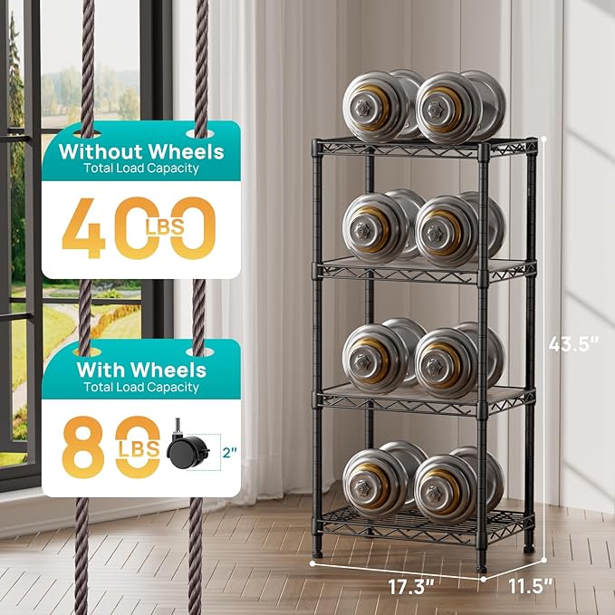 SINGAYE 4 Small Shelves Storage Shelf Wire Shelving Unit Metal Shelf Adjustable Organizers Storage Shelving with Wheels for Bathroom Laundry Room Kitchen Pantry11.5”D x 17.3”W x 44.5”H Black