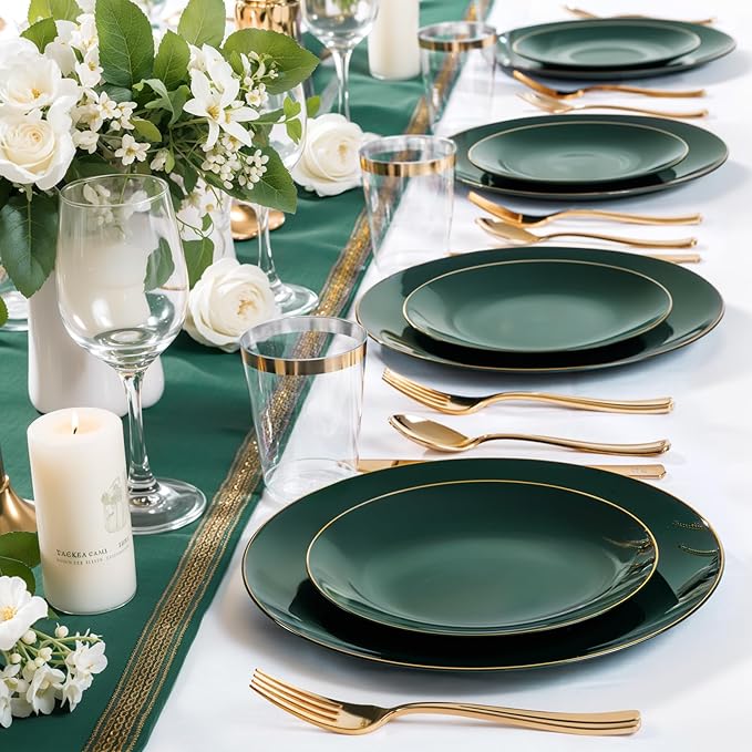 Nervure 100Pcs Green and Gold Plastic Plates - 7.5inch Disposable Green Dessert/Salad Plates - Heavy Duty Plastic Plate Ideal for Wedding & Party & Christmas