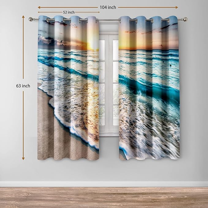Jekeno Beach Ocean Waves Blackout Curtains Tropical Sea Sunrise Seaside Coastal Scenic Hawaiian Scenery Decor for Home Bedroom Living Room Darkening Grommet Window Drapes 2 Panel Set, 52"x63"