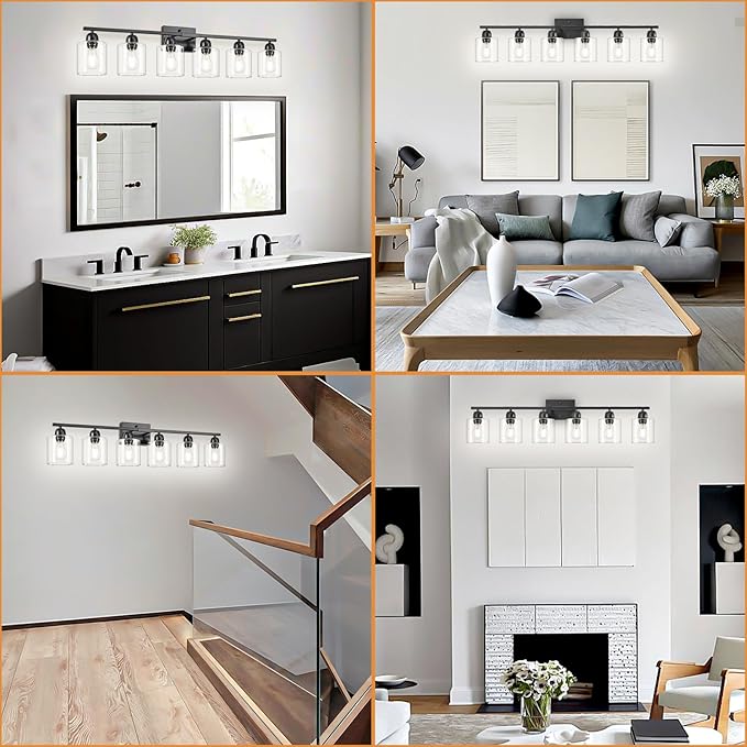 6 Light Black Bathroom Vanity Light, Vanity Lighting Fixtures with Clear Glass,38 inch Black Light Fixture Bathroom for Oversized Mirrors Living Room Bedroom Hallway E26 Base