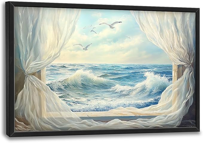 Beach Window Framed Wall Art for Living Room, Large Coastal Canvas Wall Decor, Window Curtains Pictures Framed Painting, Landscape Artwork for Bedroom Office Home Decor 36L'' × 24W''