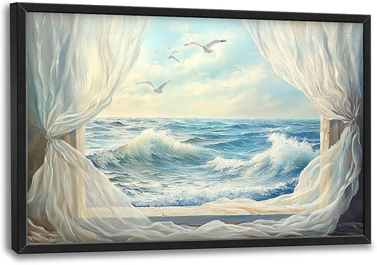 Beach Window Framed Wall Art for Living Room, Large Coastal Canvas Wall Decor, Window Curtains Pictures Framed Painting, Landscape Artwork for Bedroom Office Home Decor 36L'' × 24W''