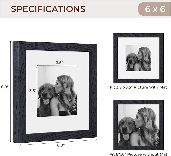 6x6 Picture Frames, Solid White Oak Wood Frame 6 x 6 with Stand for Wall & Tabletop Display, Rustic Wooden Photo Frame 6 by 6 with Real Glass, 6x6 Frame Matted to 4x4, Black Color, Set of 2
