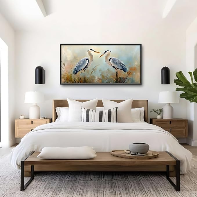 Blue Heron Framed Wall Art for Living Room, Large Birds Canvas Wall Decor, Animal Pictures Painting, Modern Artwork for Bathroom Bedroom 60L'' × 30W''