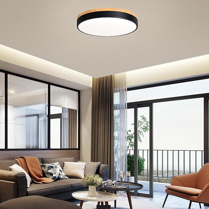 Dimmable Modern Wood Ceiling Light, Black LED 5CCT 2700K-6000K Flush Mount Ceiling Lighting Fixture, Round Light Fixtures for Kitchen Living Room Dining Room Bedroom 15.8in