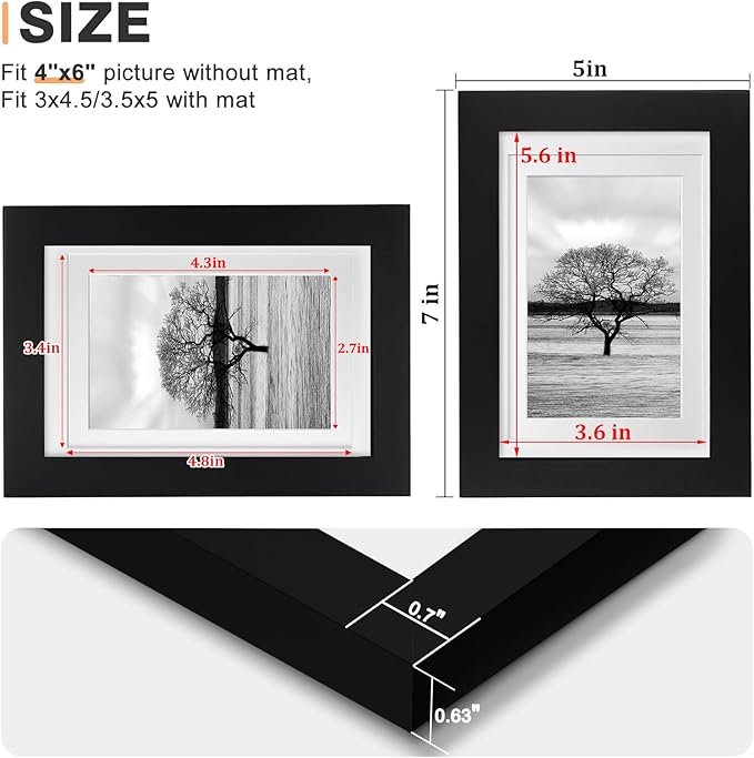 Egofine 4x6 Picture Frames Set of 4, Made of Solid Wood Covered by Plexiglass 3.5x5 with Mat or 4x6 without Mat, for Table Top Display and Wall Mounting Photo Frame Black