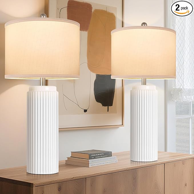 TOBUSA 28’’ Modern White Ceramic Lamps Set of 2 for Living Room, Vintage Nightstand Lamps for Bedroom, Farmhouse Bedside Lamps with Linen Shade, Elegant Decor Lamp Sets for Home Office