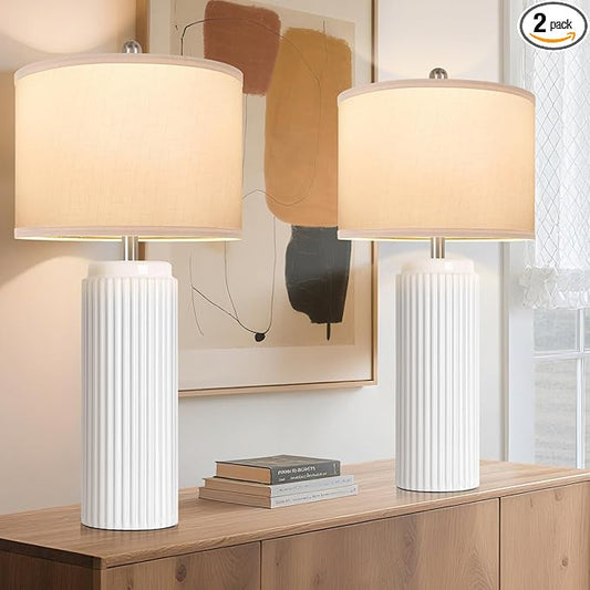 TOBUSA 28’’ Modern White Ceramic Lamps Set of 2 for Living Room, Vintage Nightstand Lamps for Bedroom, Farmhouse Bedside Lamps with Linen Shade, Elegant Decor Lamp Sets for Home Office