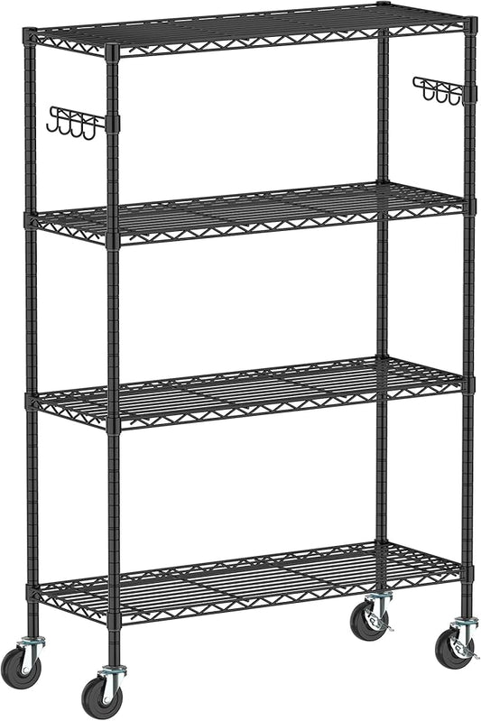 Wire Shelving on Wheels, 4-Tier Metal Rolling Storage Shelves Adjustable Steel Rack Organizer, Standing Wire Industrial Shelving for Kitchen Garage Pantry Office (4-Tier Shelf)