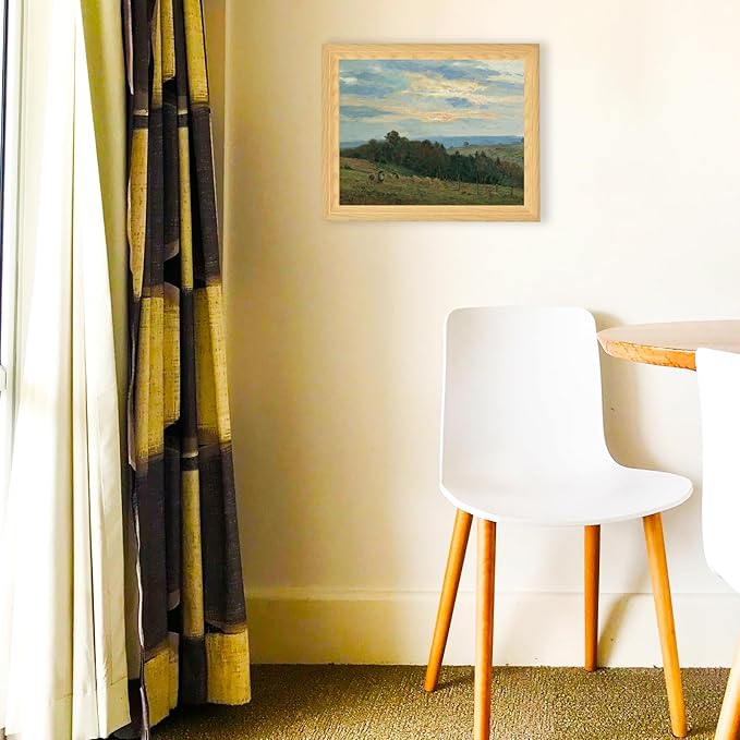 Brivoria Framed Canvas Wall Art Vintage Decor, Harvest Season Landscape with Farmers Hay Fields and Rustic Trees Under Autumn Sunset for Hallway Reading Nook Bathroom or Office Wall Display, 13"x16"