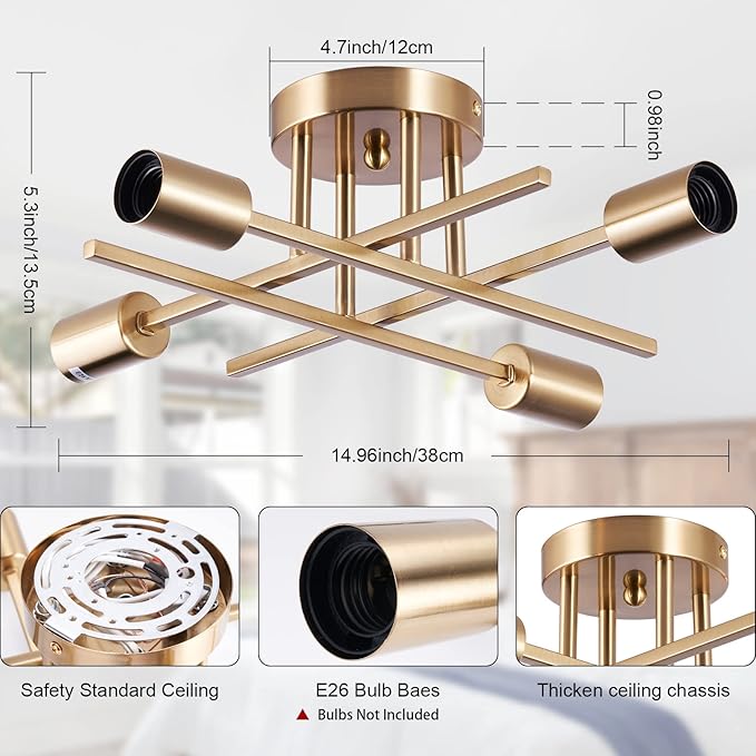 Sputnik Chandeliers, Modern Semi Flush Mount Ceiling Light with E26 Base, Mid Century Industrial Kitchen Farmhouse Light Fixtures for Bedroom Living Room (Brass, Ceiling 4 Lights)