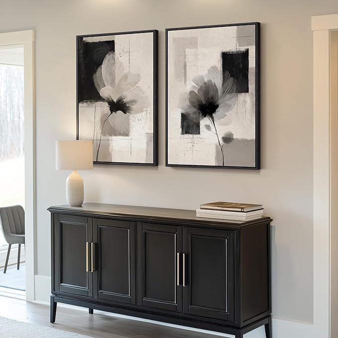 Large Framed Neutral Abstract Floral Wall Art, Set of 2 Black and Beige Modern Canvas Prints Paintings Artwork for Walls, Minimalist Pictures for Living Room, Dining Room, Bedroom Wall Decor 24x36 In