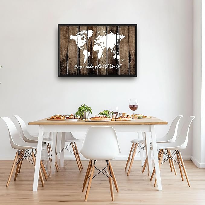 Flintis Large World Map Wall Art Go Ye Into All The World Pictures Wall Decor Abstract Canvas Painting Print Artwork Decoration Framed for Living Room Bathroom Master Bedroom Office 36L x 24W