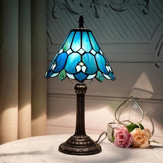 8 Inch Tiffany Style Colorful Lamp, Blue Green Umbrella Retro Design Bedside Lamp, Suitable for Bedroom, Dormitory Cafe and Other Home Art Decoration