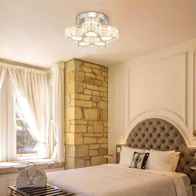 FRIXCHUR Crystal Ceiling Light Small Flower Chandelier Flush Mount Light Fixture for Kitchen Hallway Dining Room Bedroom Girls Room (Warm White)