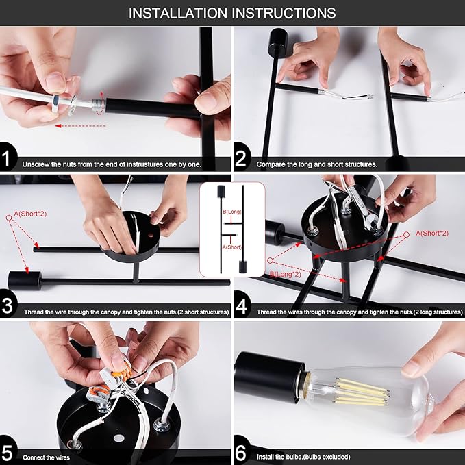 Sputnik Chandeliers, Modern Semi Flush Mount Ceiling Light with E26 Base, Mid Century Industrial Kitchen Farmhouse Light Fixtures for Bedroom Living Room (Black, Ceiling 6 Lights (Lengthen))