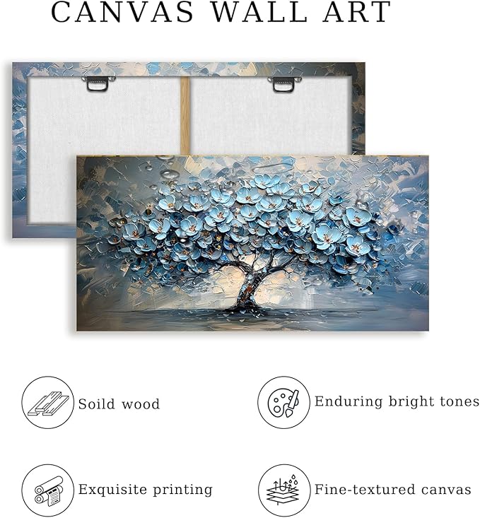 crmotu Tree of Life Large Wall Art, Blue Tree Oil Paintings Art Prints, Blooming Flowers Canvas Wall Decor, Modern Abstract Wall Pictures for Living Room Bedroom Bathroom Home Office 20"X40"