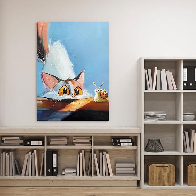 TimAsh Unframed Funny Cat Wall Art Cat Staring at Snail Canvas Wall Decor Cartoon Cute Kitten Poster Painting Prints for Bedroom Bathroom Living Room 16'' x 12''