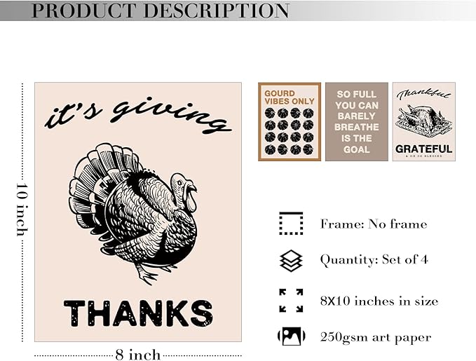 JXREQ Fall Decor Thankful Grateful Vintage Turkey Posters Pumpkin Wall Decor, Gourd Vibes Only Fall Art Prints for Harvest Thanksgiving Kitchen Bedroom Living Room Set of 4, 8x10 Inch Unframed